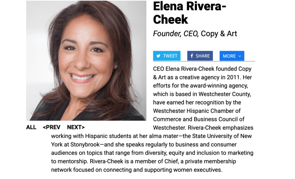 Screenshot of Elena Rivera-Cheek's writeup in the Crain's 2022 Notable Hispanic Leaders Feature