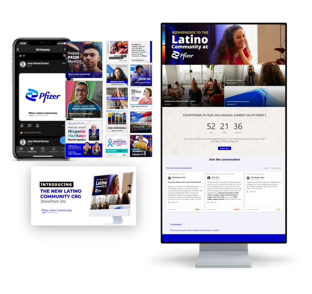 Screenshots and mockups of communications created for the Pfizer Latino SharePoint community by C&A Digital